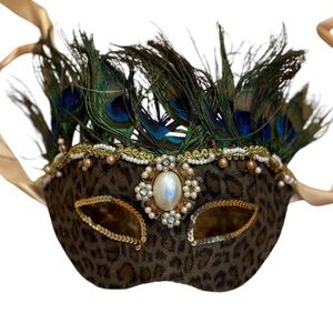 Masquerade Animal Print Velvet Mask Peacock Feathers Mardi Gras Costume Ornate